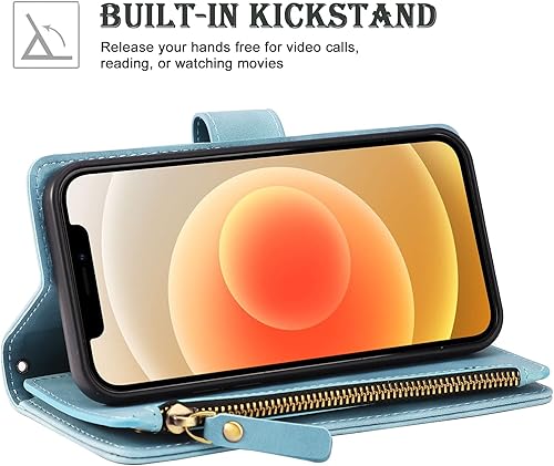 Miniatura 4 de RANYOK Funda tipo cartera compatible con iPhone 13 (6.1 pulgadas), piel sintética de alta calidad, con cremallera, cartera con cierre RFID, con