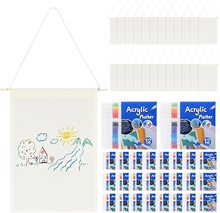 Mindsoft 48 Pcs Blank Canvas Banner Bulk Color Your Own Vertical Banner with Hanger with 12 Colorful Fabric Markers Pens Wall Display Banners for DIY 24 Students Paint Art Classroom School Camp Party