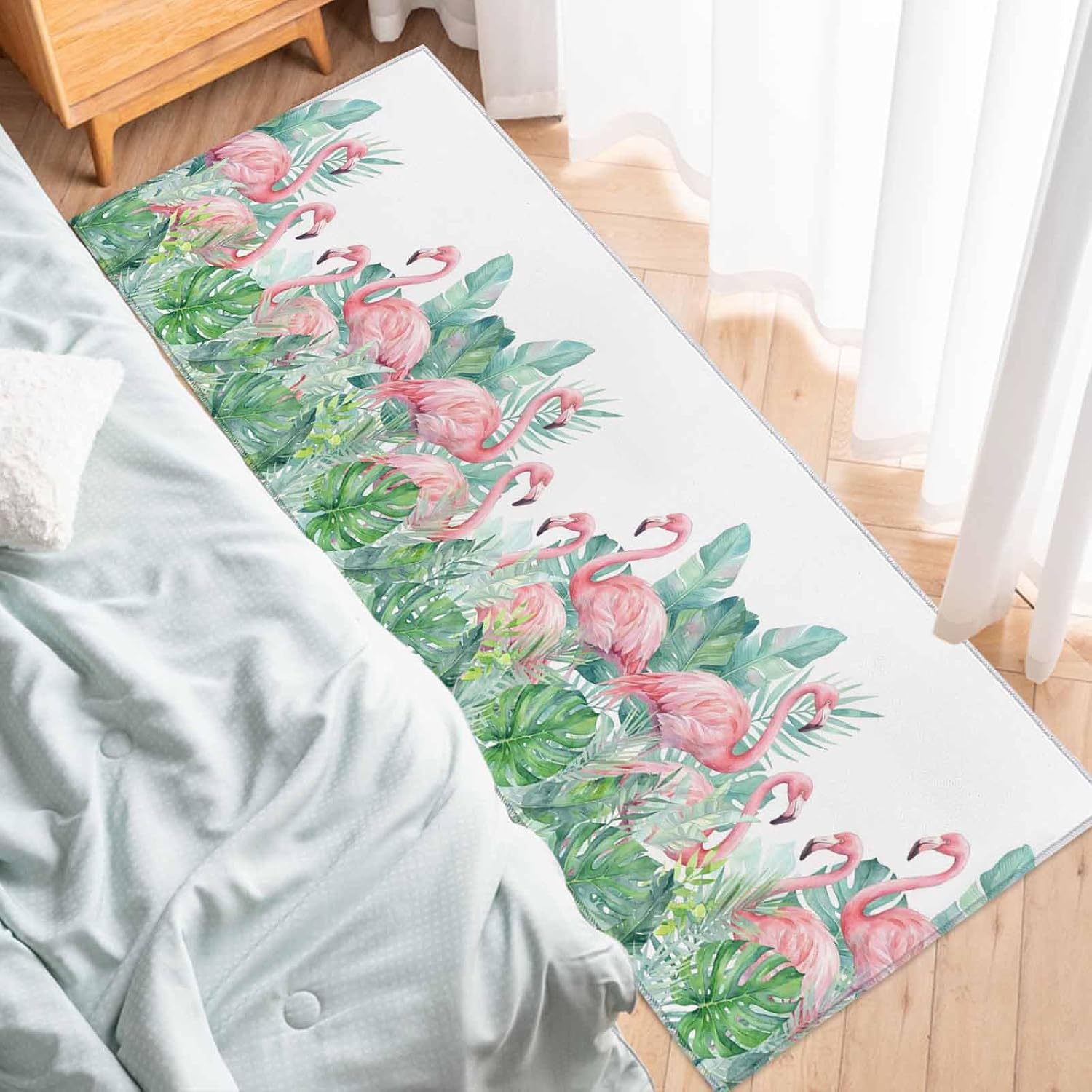Teamery Kitchen Mats for Floor Watercolor Flamingo Monstera Leaf Washable Non Slip Kitchen Rugs 1PCS, Tropical Animal Plant Absorbent Standing Mats for Sink Bathroom Office Living Room 23.6x70.9in