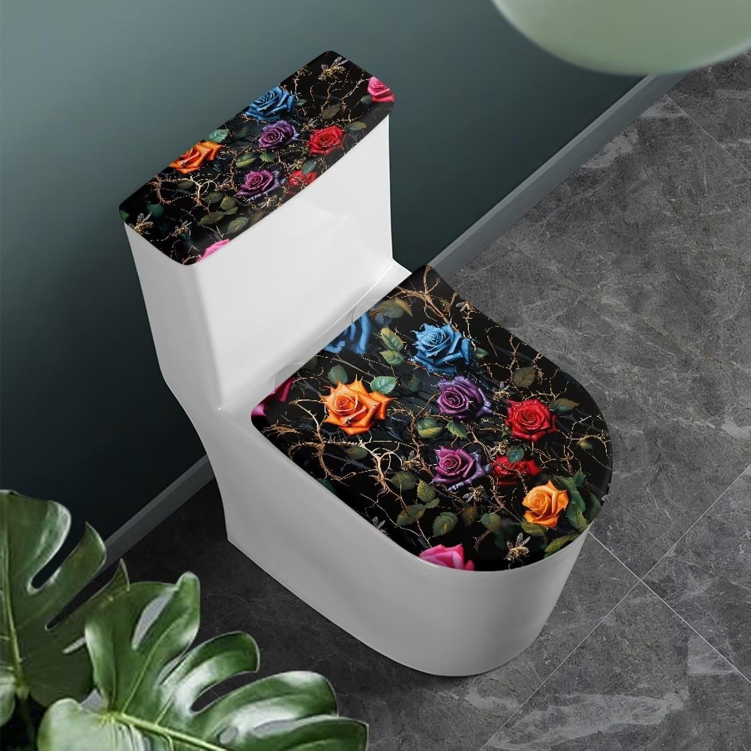 Colorful Roses Toilet Lid Cover Set Toilet Seat Covers Washable Toilet Lid Tank Cover Universal Fit Round Oblong Elongated Toilet Novelty Gifts for Home Decoration image 2