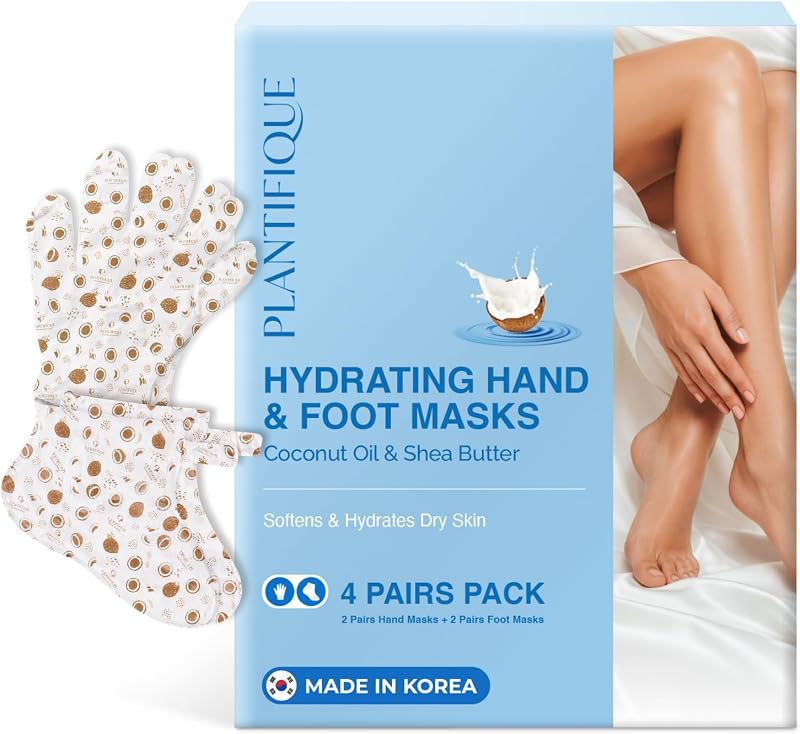 PLANTIFIQUE Juego de mascarillas hidratantes coreanas para pies y manos – 2 pares de mascarillas para pies y 2 pares de guantes con ácido hialurónico, manteca de karité y macadamia – Hidratación profunda para piel seca y agrietada y cuidado antienvejecimiento