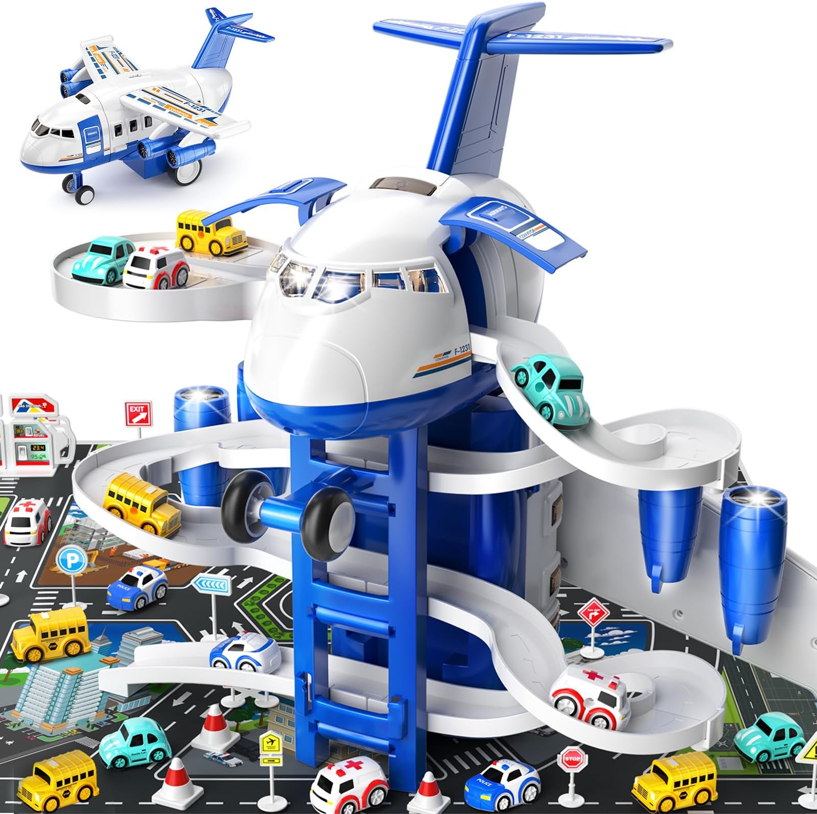 TEMI Kids Aeroplane Toys Race Track Car Toys for 3 4 5 6 7 Boys - Transformed Plane Garage Adventure Toy with 8 City Cars for Toddler Age 3-6, Parking Lot Playmat, Kids Gift