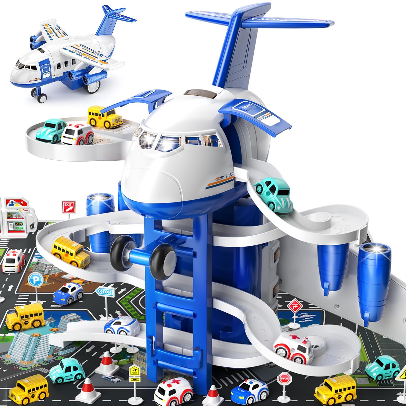Jouet Avion Garage Avec 8 Voitures – Jeu D’aventure Pour Enfants 3-7 Ans – Avec Tapis, Circuit Et Sons/lumières