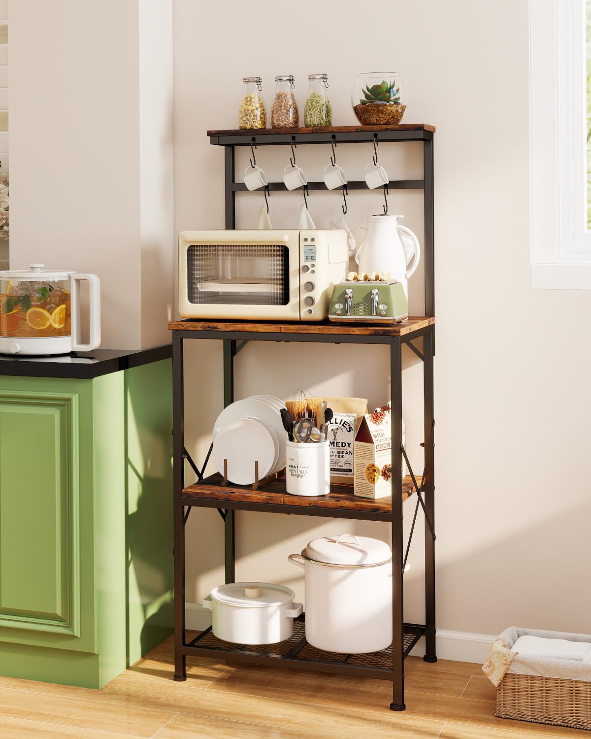 COMHOMA Étagère de Cuisine, Etagere Rangement pour Machine à Café, Étagère de Boulanger, 3 Étagères et 8 Crochets, pour Four à Micro-Ondes, Réglables, Cadre en métal, 55x37x126cm, Marron Rustique