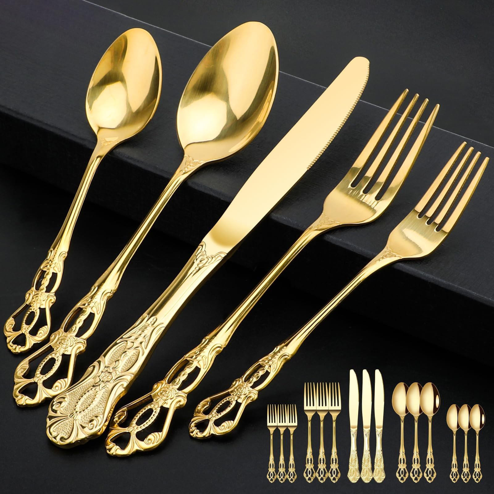 20 Piece Silverware Set Service for 4,Premium Stainless Steel Flatware Set,Mirror Polished Cutlery Utensil Set,Durable Home Kitchen Eating Tableware Set (Golden)