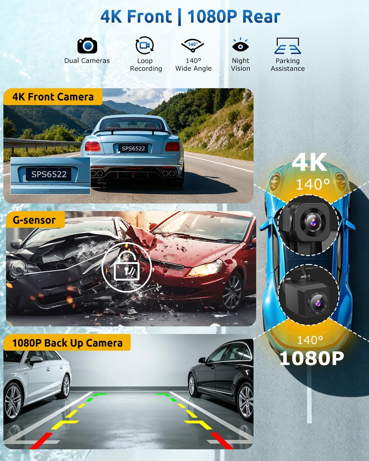 ESSGOO 11.3" Portable CarPlay Screen | Wireless Apple CarPlay & Android Auto, 4K Dash Cam Front & Rear Backup Camera, Mirror Link, IPS Touchscreen, Bluetooth/FM/AUX