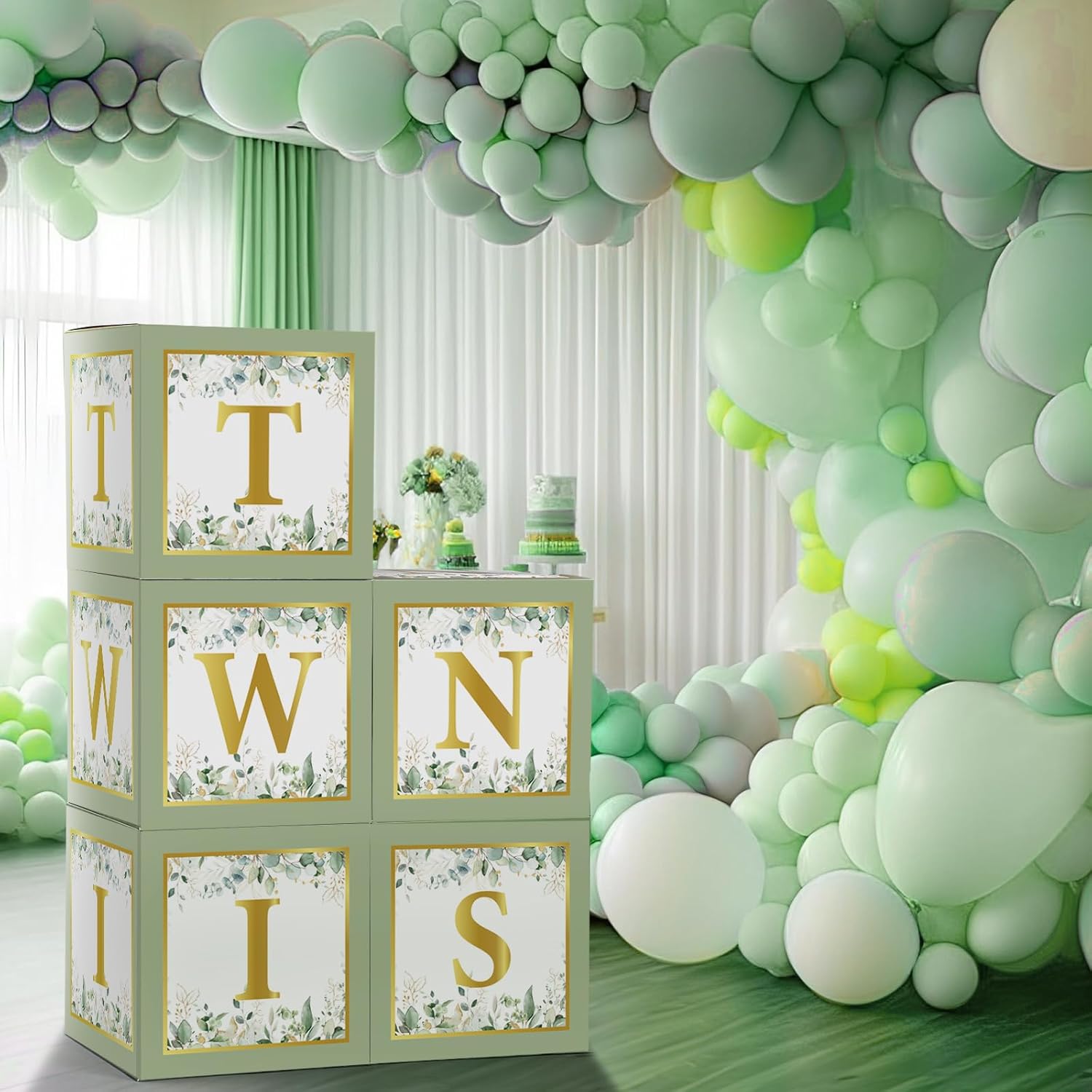 Marspark 5 Pcs Twins Baby Shower Boxes Decorations Supplies Sage Green Baby Boxes for Twins Balloon Boxes Gender Reveal Baby Shower Birthday Party Favors