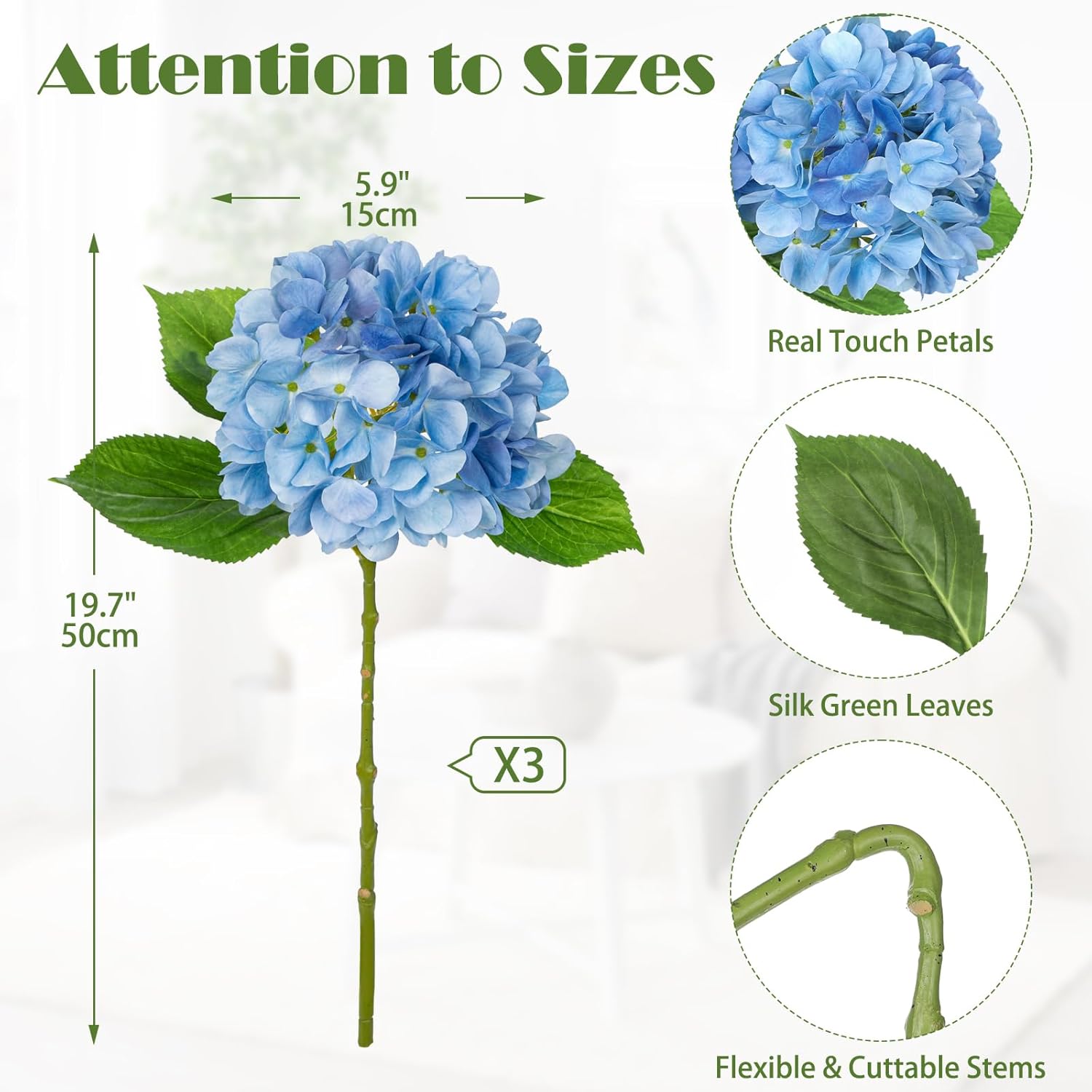 Oairse 3Pcs Blue Hydrangea Artificial Flowers 19.7 in Real Touch Faux Hydrangea Stems Silk Flowers with Stems Fake Blue Flowers Bouquet for Floral Arrangements Table Centerpieces Wedding Home Decor - Image 3