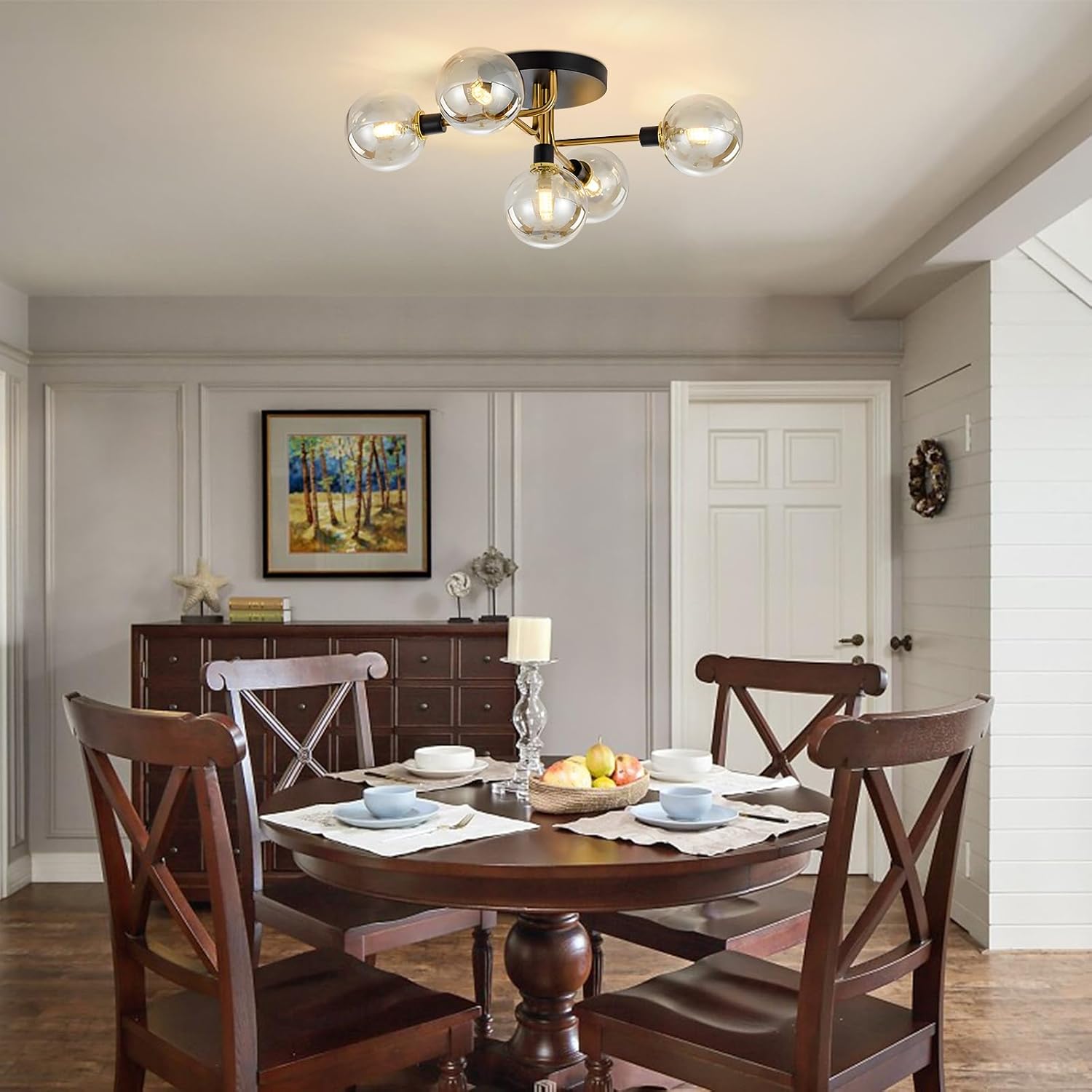 KCO Lighting 5-Light Mid-Century Modern Glass Globe Semi Flush Mount Ceiling Light Black and Gold Brush Metal Sputnik Chandelier Farmhouse Vintage Close to Ceiling Lighting (Amber)