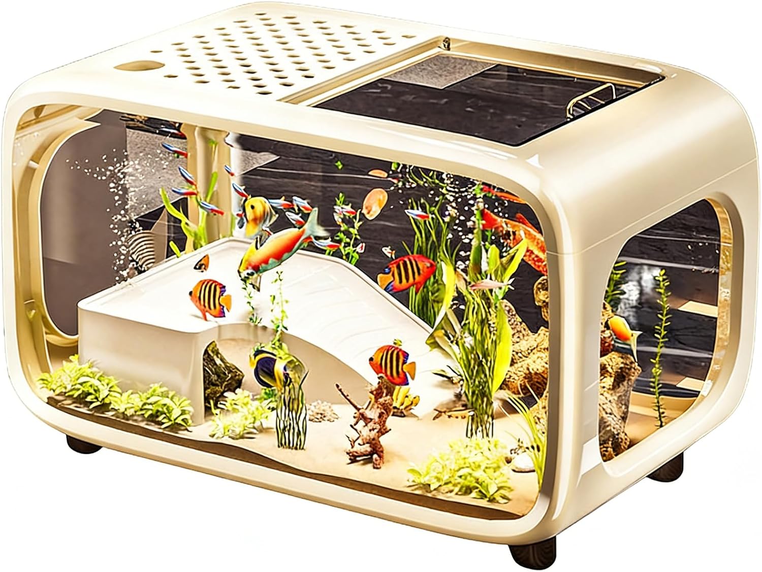 5 Gallon Fish Tank Kit with Air Pump, Climbing Frame, Fish Net, Food, Sea Salt, and Aquascaping for Betta, Small Fish, and Turtles - Ideal for Office and Home Decor