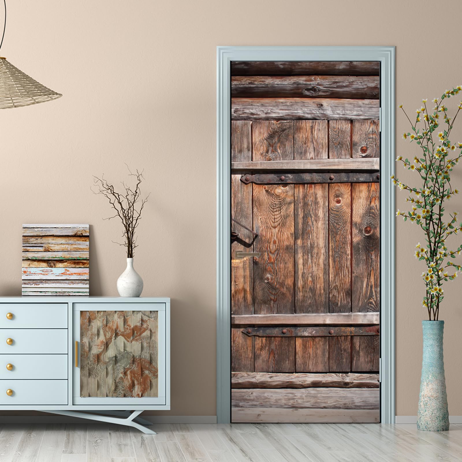 PLEETS Sticker Porte Trompe l'oeil Effect porte en bois nostalgique Poster Mural Placard Chambre Toilette Bain Cuisine pour Décoration Entree, PVC Auto -adhésifs Amovible Papier Peint Porte 95 x 215cm