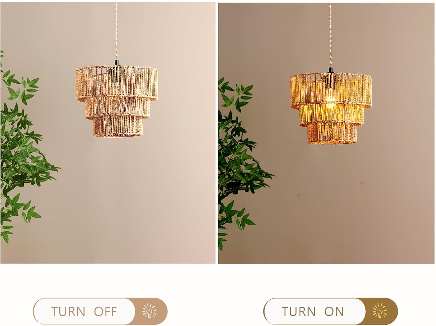 with Plug in Long Cord Boho Rattan dimmable Llights, Farmhouse Vintage Pendant Wicker Woven Adjustable Small Lamp-1 Pcs Cake Shape 11" H9