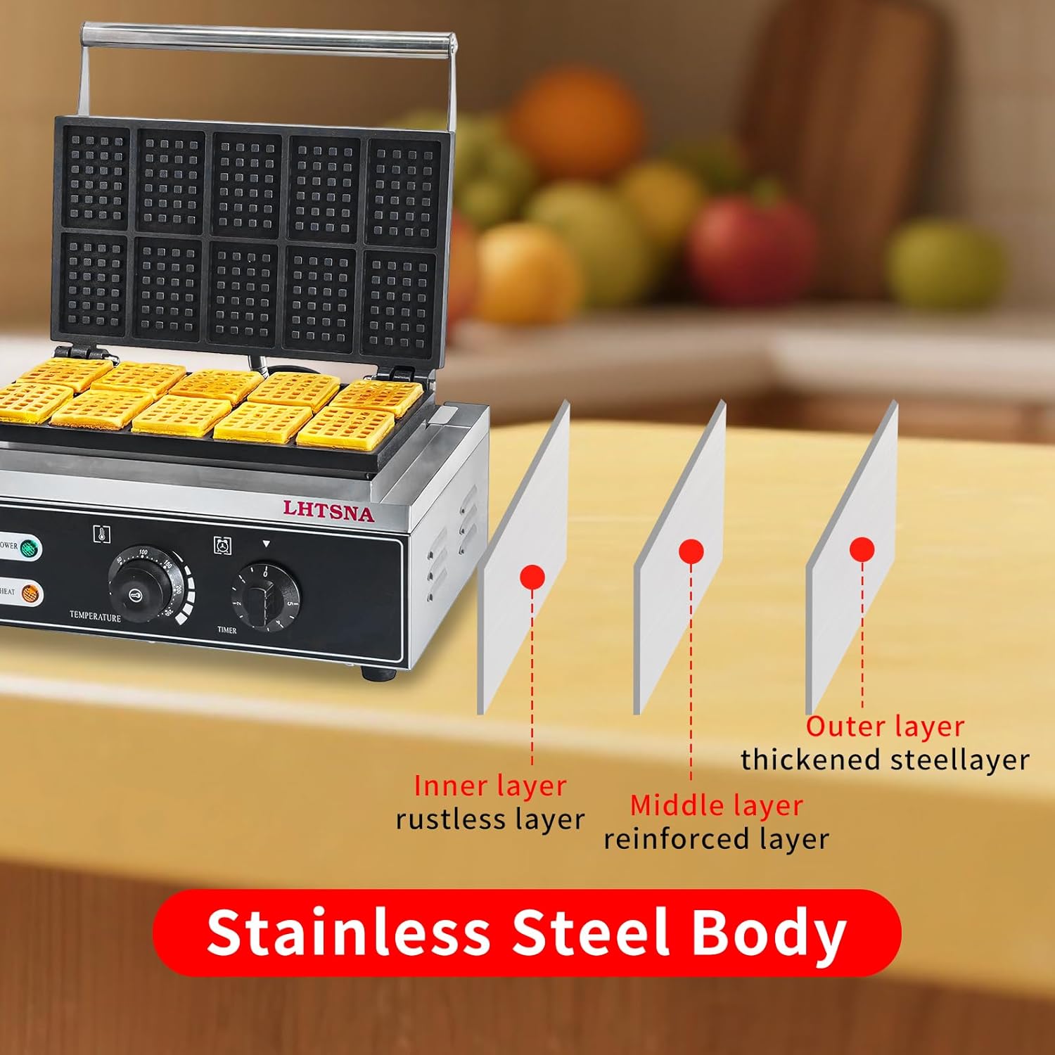 Commercial Industrial Rectangular Classic Waffle Maker,10pcs Belgian Waffles, Electric Non-Stick Waffle Iron for Family, Restaurants, Snacks