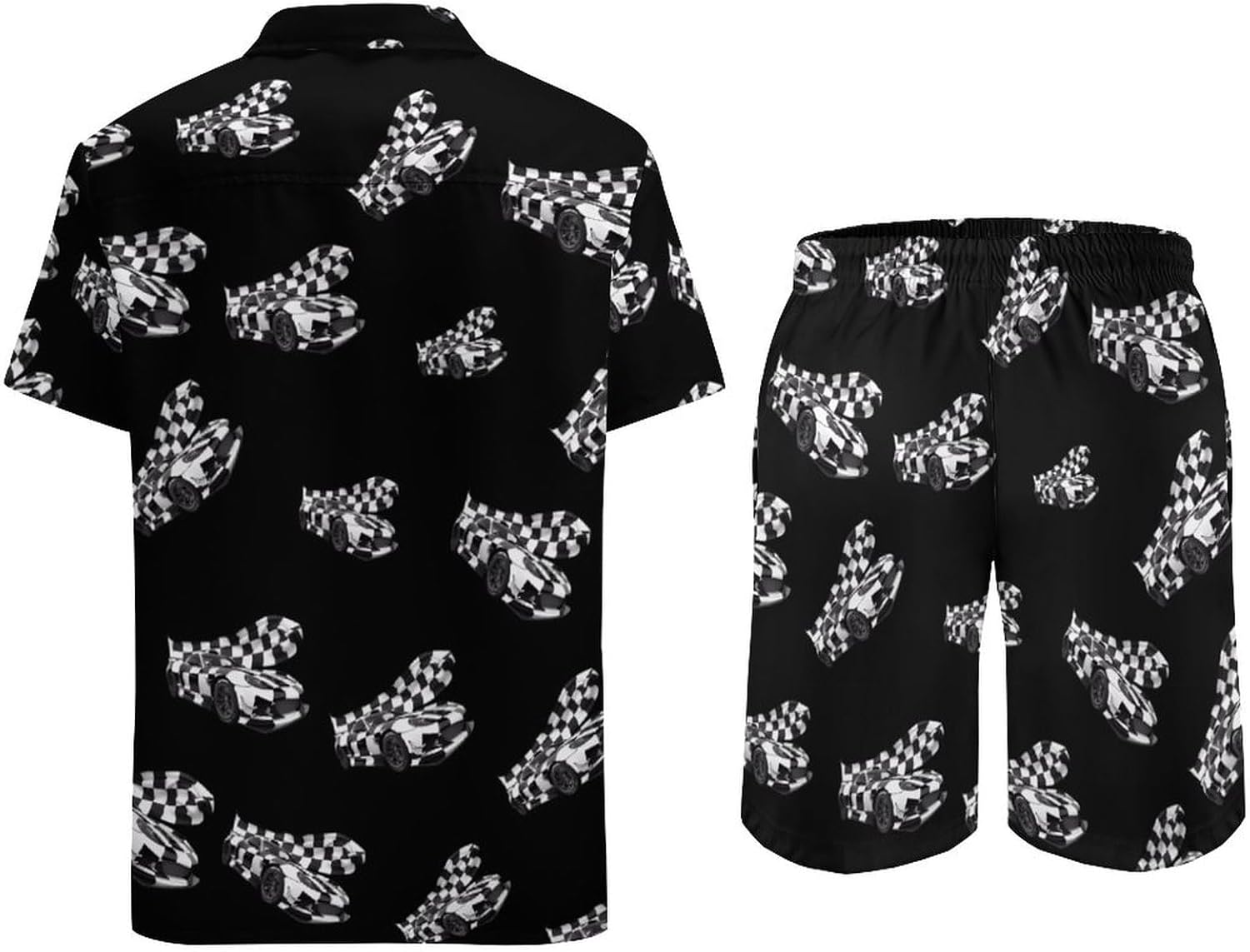 Racing Car White And Black Checked Flag Men's Summer Beach Outfits Shirt And Shorts Set 2 Piece Vacation Swimwear