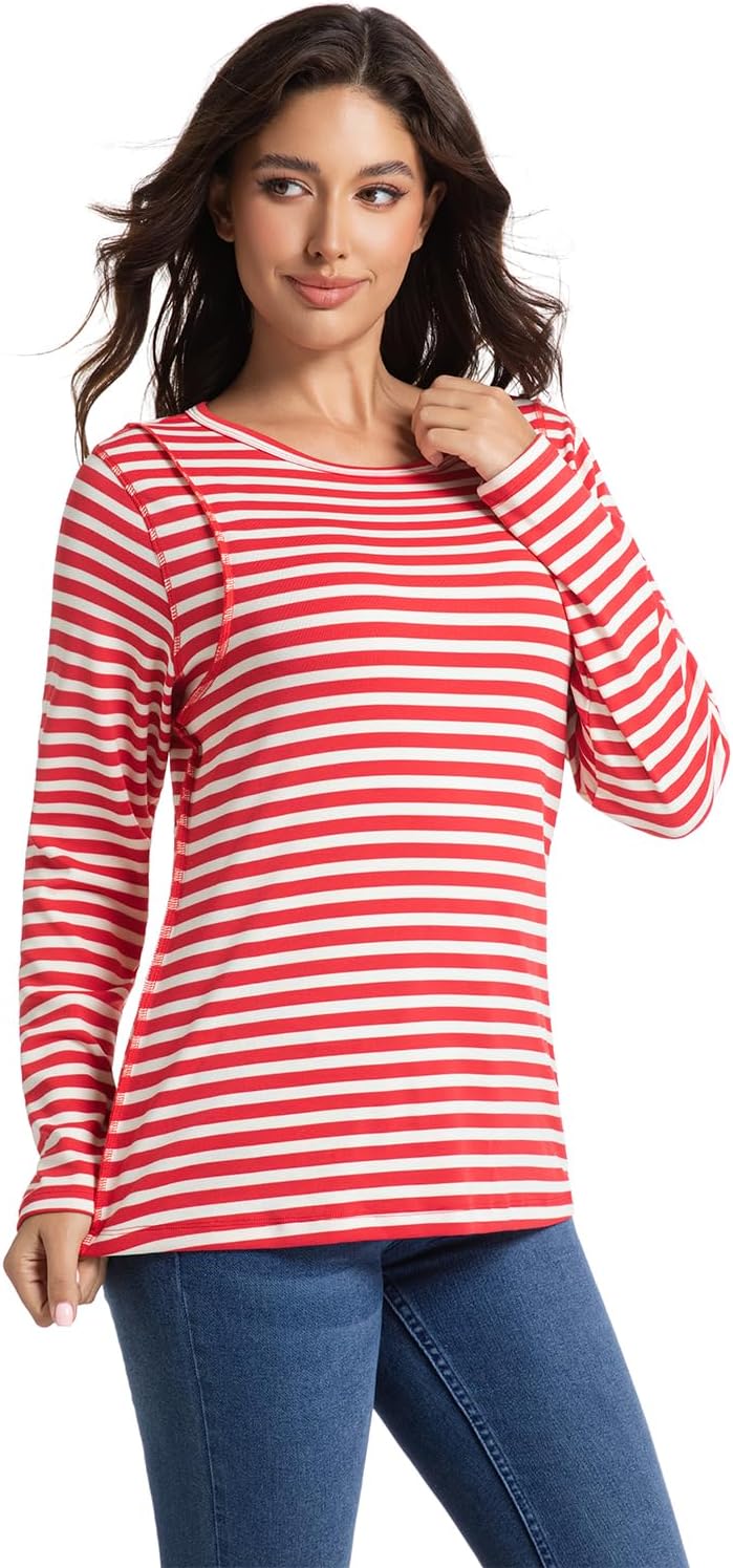 FASHIONSPARK Womens Striped Long Sleeve Shirt Basic Tops Color Block Casual Pullover Tops Exposed Seam Fall Shirts - Image 4