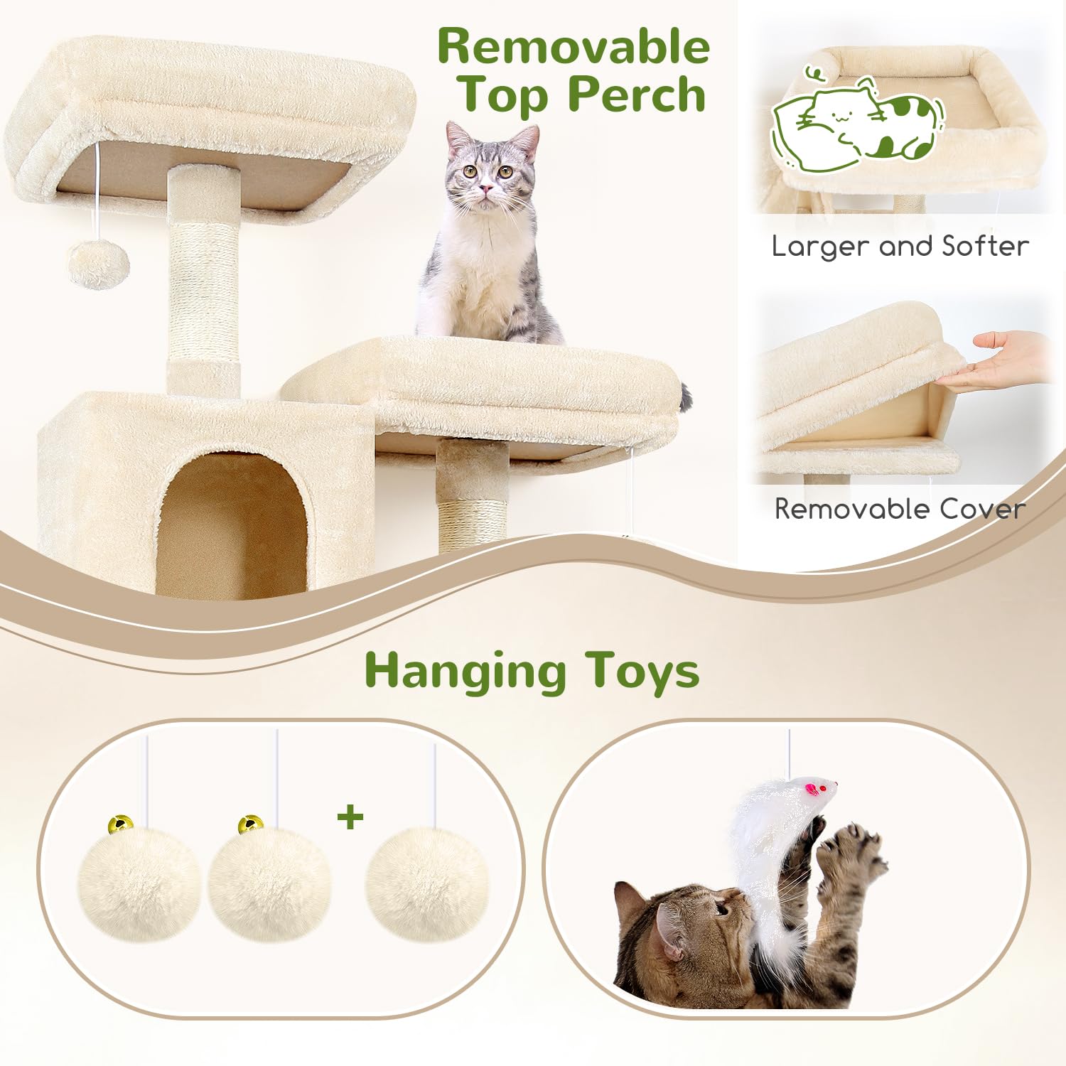 Globlazer Árbol Rascador Beige para Gatos XXL 195 cm Alto con 2 Nidos, 2 Acolchada Percha, Grande Hamaca 50 * 33CM, Cesta, Estable Rascador para Gatos Adultos Descansar Jugar Interior (F76, Beige)