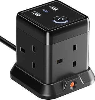 Hulker Cube Extension Lead with USB Ports (20W PD USB C), 4 Way Multi Plug Socket with 3 USB Slots, Mountable Power Strip with Switch Overload Protection 3250W 13A Cord 1.5M