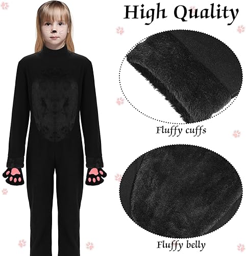 Miniatura 4 de Disfraz de gato de Halloween para niñas y niños de 7 a 12 años, disfraz de gato negro para niños con guantes, diadema, cola de gato, calcomanías