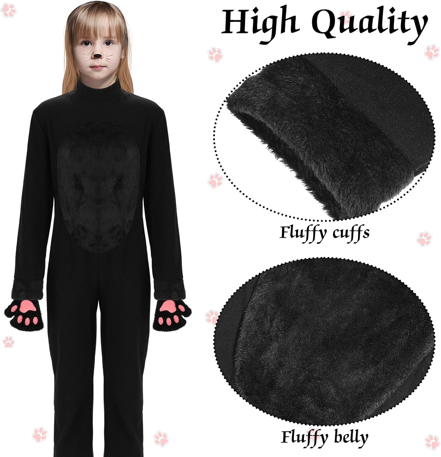 Miniatura 4 de Ramede Disfraz de gato de Halloween para niñas y niños de 7 a 12 años, disfraz de gato negro para niños con guantes, diadema, cola de gato,