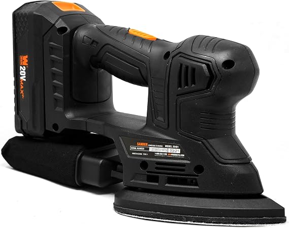 WEN Cordless Palm Sander with 20V Max 2.0 Ah Lithium-Ion Battery and Charger (20401) Black