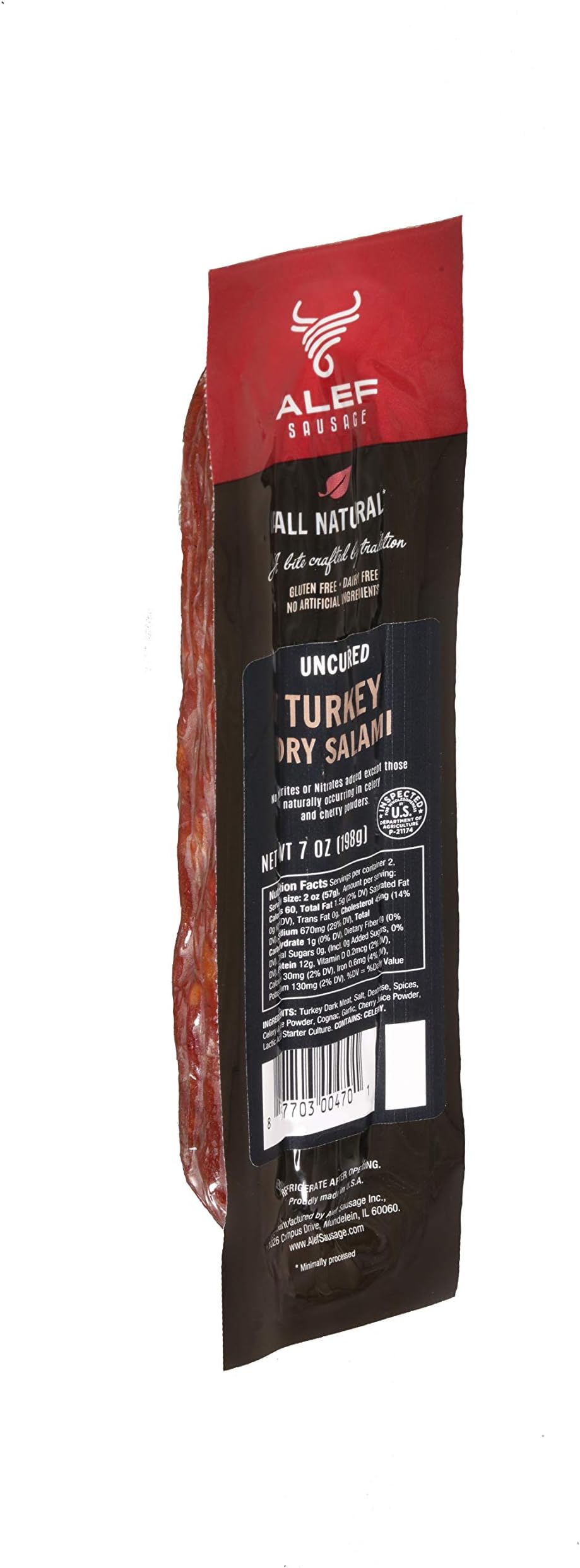 Uncured All Natural Turkey Dry Salami ( 2 units 7 oz. each)NITRATE FREE, NITRITE FREE, MSG FREE, DAIRY FREE, GLUTEN FREE