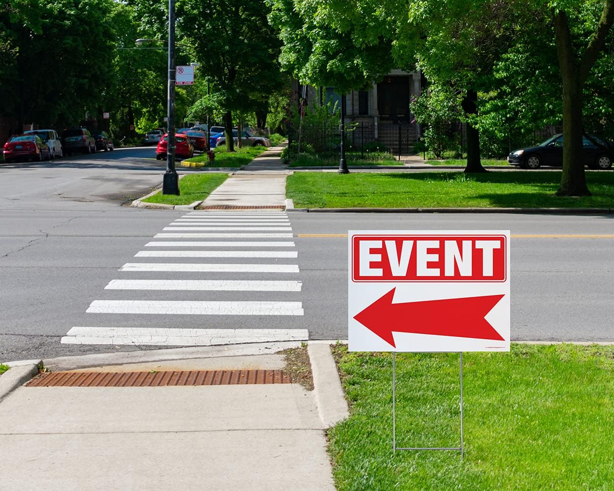 Calendars and More Inc Event Arrow Yard Sign Complete Kit Includes 2 Signs and 2 Sturdy Sign Stakes Durable Outdoor Double Sided 18x24 Arrow Signs with Extra Tall 10x30 Stakes 2 Pack Event