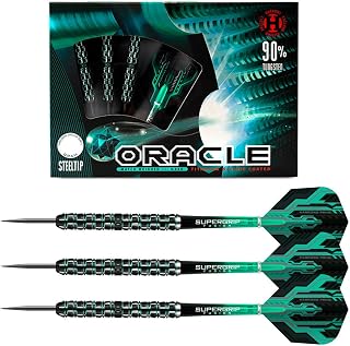 Harrows Oracle 22g, 23g, 24g, 26g Steel Tip Dart Set – 90% Tungsten, 3 Super Grip Fusion Shafts, 3 Prime Flights, 3 Extra Ringed Laser Cut Points