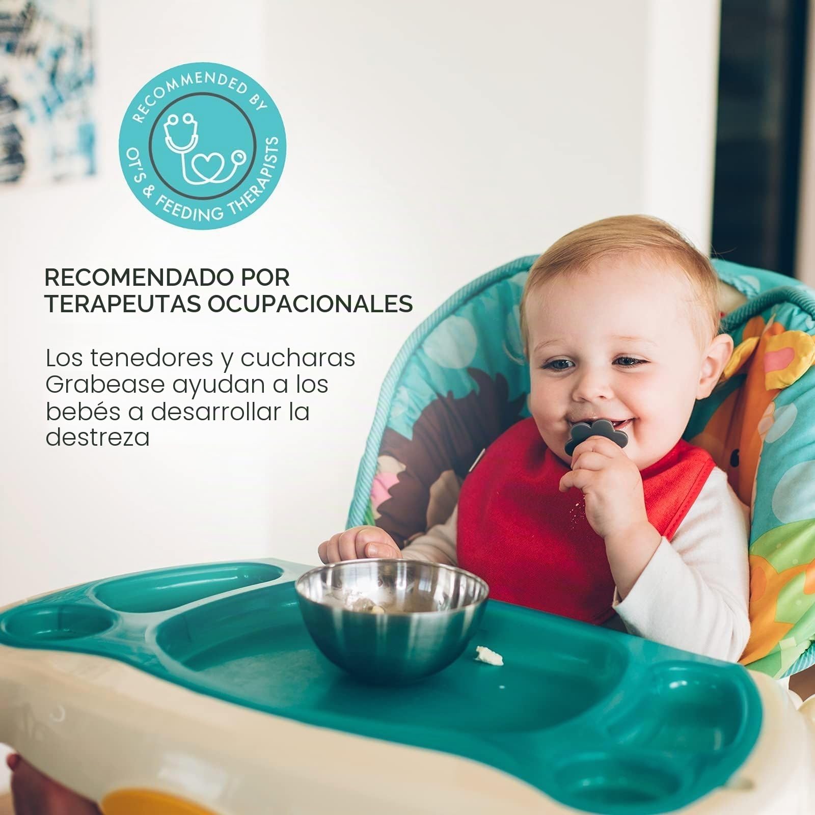 grabease Utensilios de autoalimentación, Juego de cuchara y tenedor para el destete, Con barreras protectoras para evitar el ahogo y las arcadas para Unisex Bebé Menta 2 Unidad (Paquete de 1)