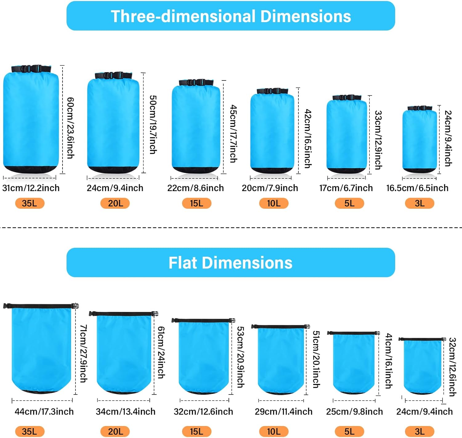 6 Pcs Waterproof Dry Bag Sack Lightweight Outdoor Dry Bags 35 L, 20 L, 15 L, 10 L, 5 L, 3 L Waterproof Boat Bag for Kayaking, Backpacking, Hiking, Camping Rafting(Blue) - Image 2