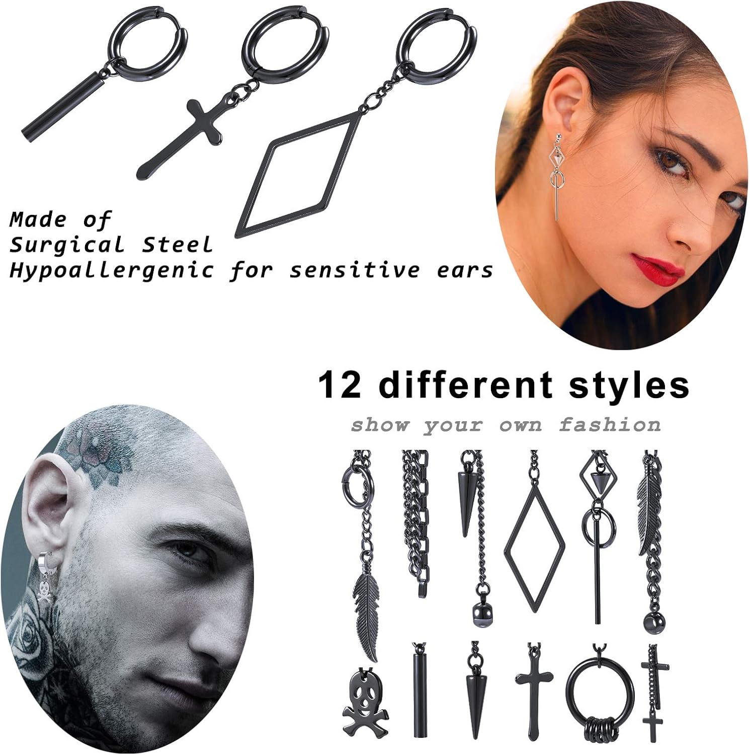 12 Pcs Dangle Cross Earrings for Men Surgical Steel Earrings Sets Dangling Chain Hypoallergenic Earrings Hoops - Image 3