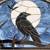 Vista 4 de Bieye W10098 - Panel de ventana estilo Tiffany con cuervo sentado en rama de árbol desnuda contra escena de luna llena para decoración de Halloween