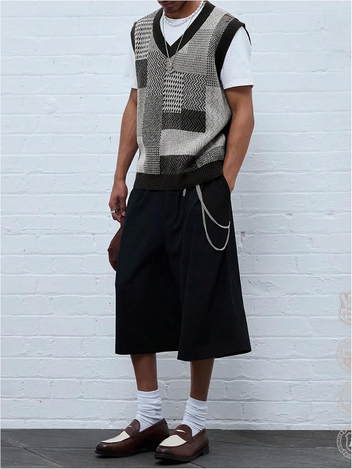 OYOANGLE Men's Vintage Plaid Print Sweater Vest Sleeveless V Neck Pullover Knit Tank Tops