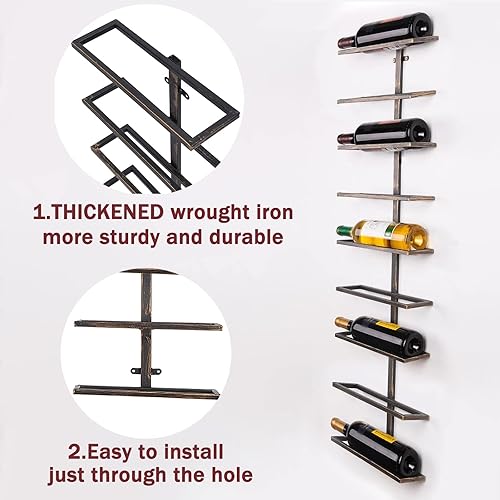 Miniatura 4 de Gdrasuya10 Estante de vino montado en la pared para 9 botellas, soporte de pared de hierro de bronce para almacenamiento de vino, soporte simple
