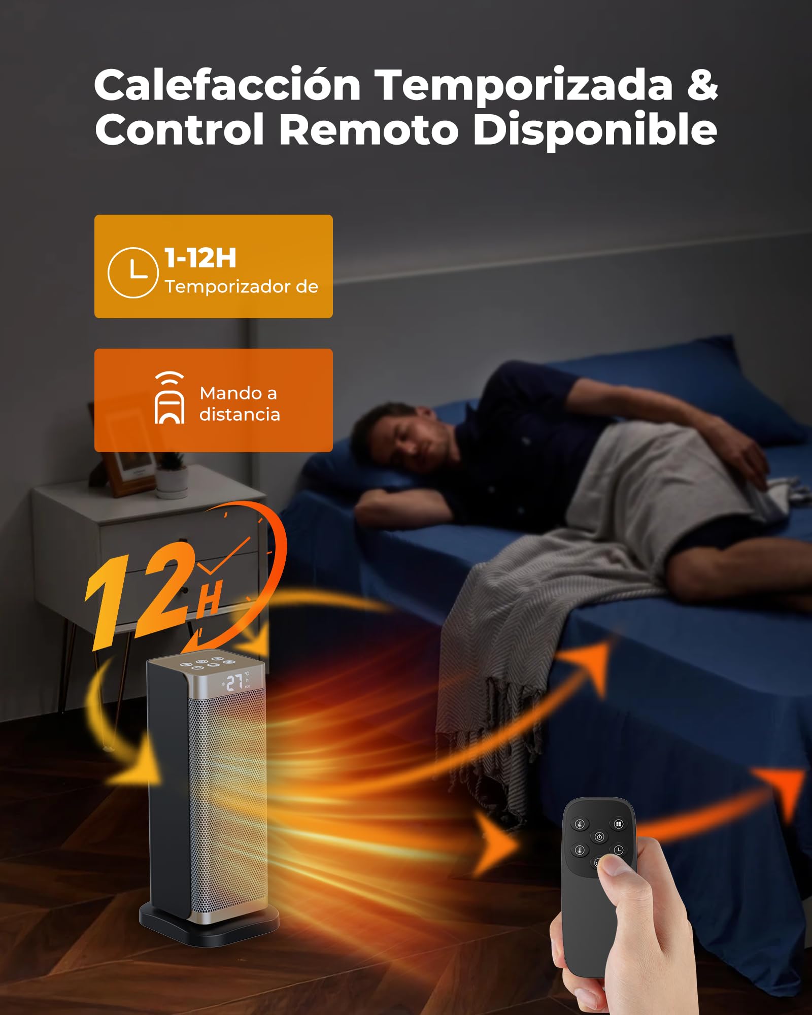 Calefactor Bajo Consumo - 2000W PTC Calefactor Baño,3 Modos,70° Oscilación,Temporizador 12h,Modo ECO,Control Remoto,Protección contra Sobrecalentamiento/Vuelco,Calentador Bajo Ruido