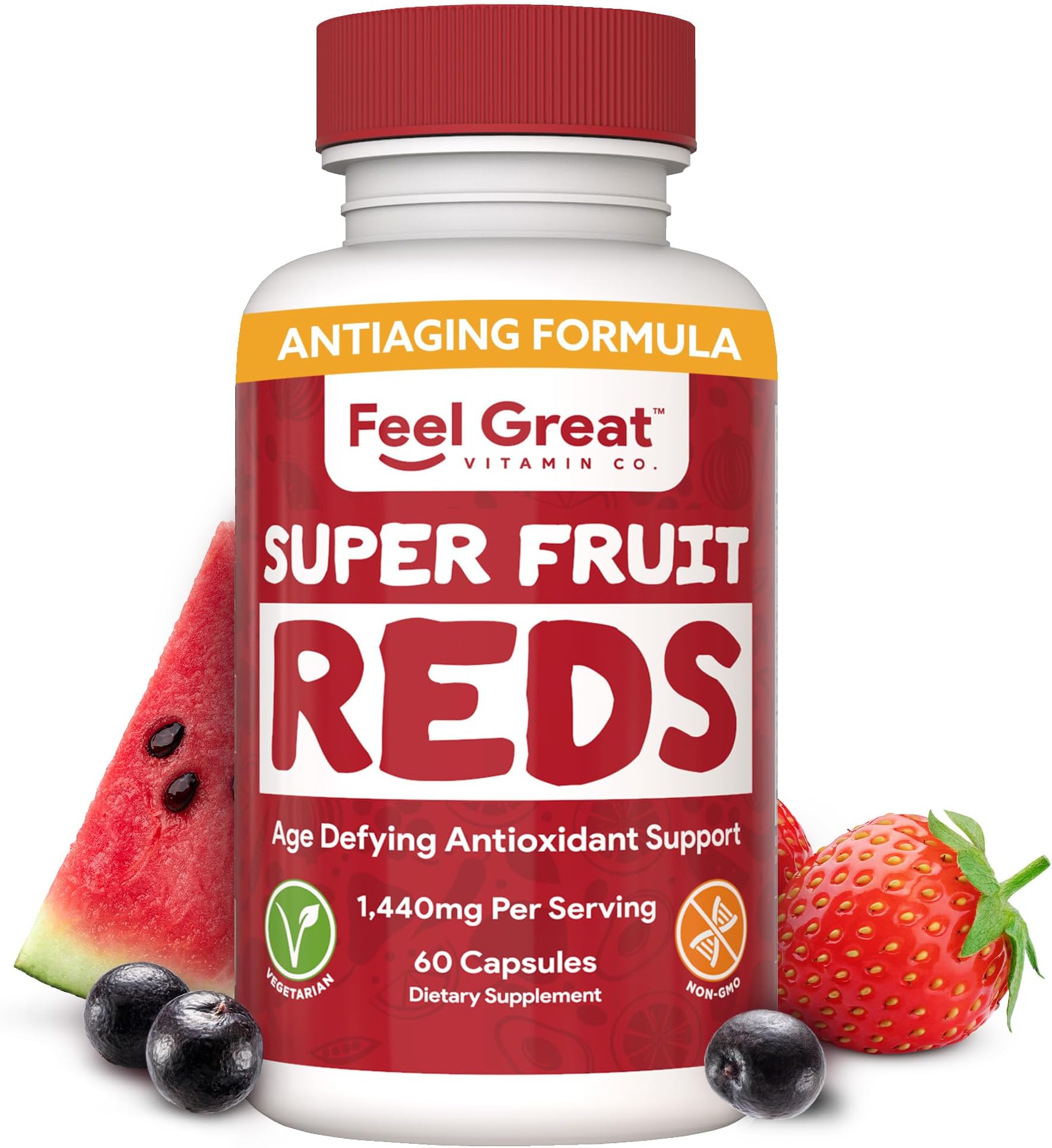 Feel Great Vitamins Superfruit Reds – Antioxidant Superfood with Polyphenols for Anti-Aging & Immune Support – Acai, Mangosteen, Pomegranate, Blueberry & Much More – 60 Capsules