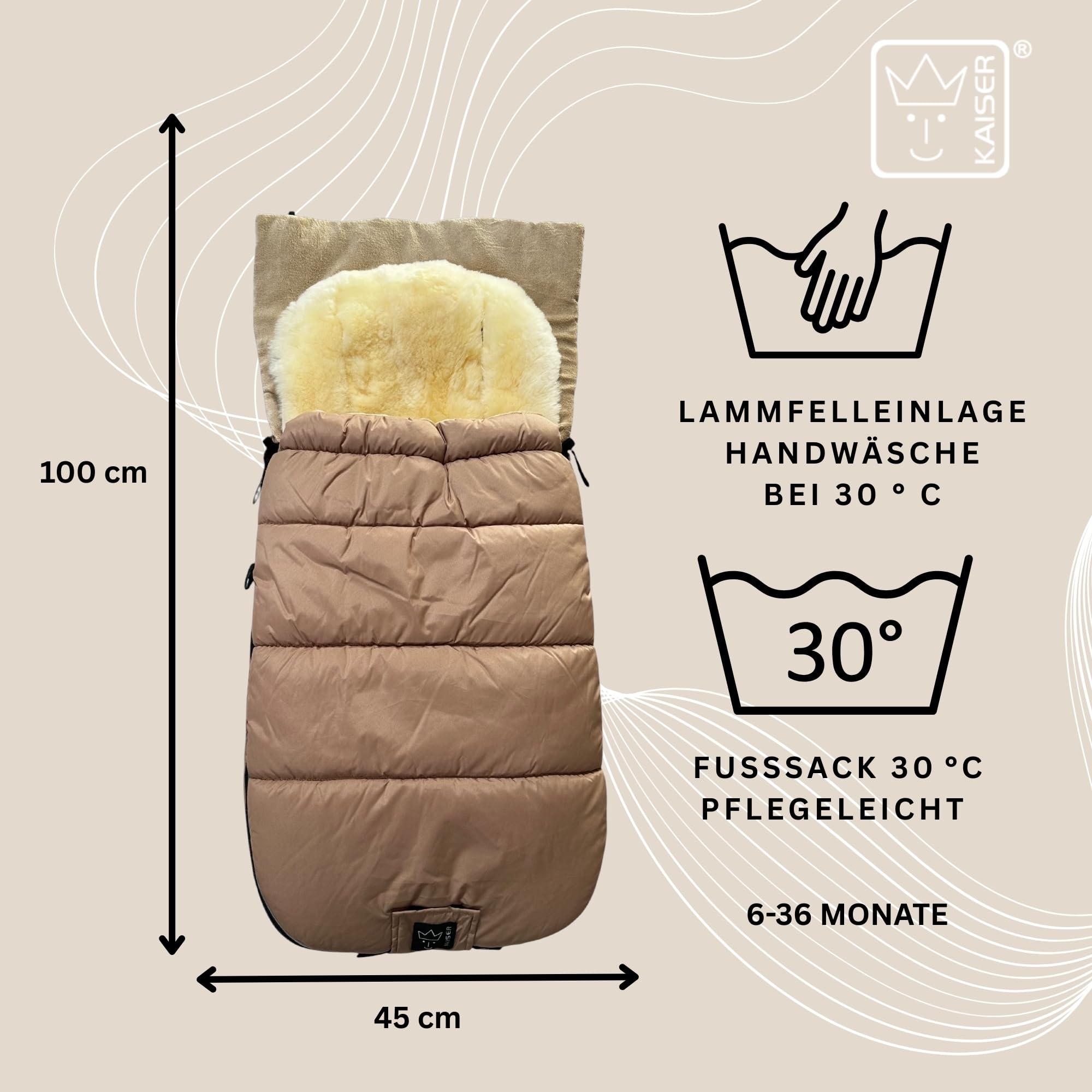 SHEEP Thermo Fußsack mit Lammfelleinlage, 100x45cm, Universal Kinderwagen, Wasserabweisend, Reflektorstreifen (sand)
