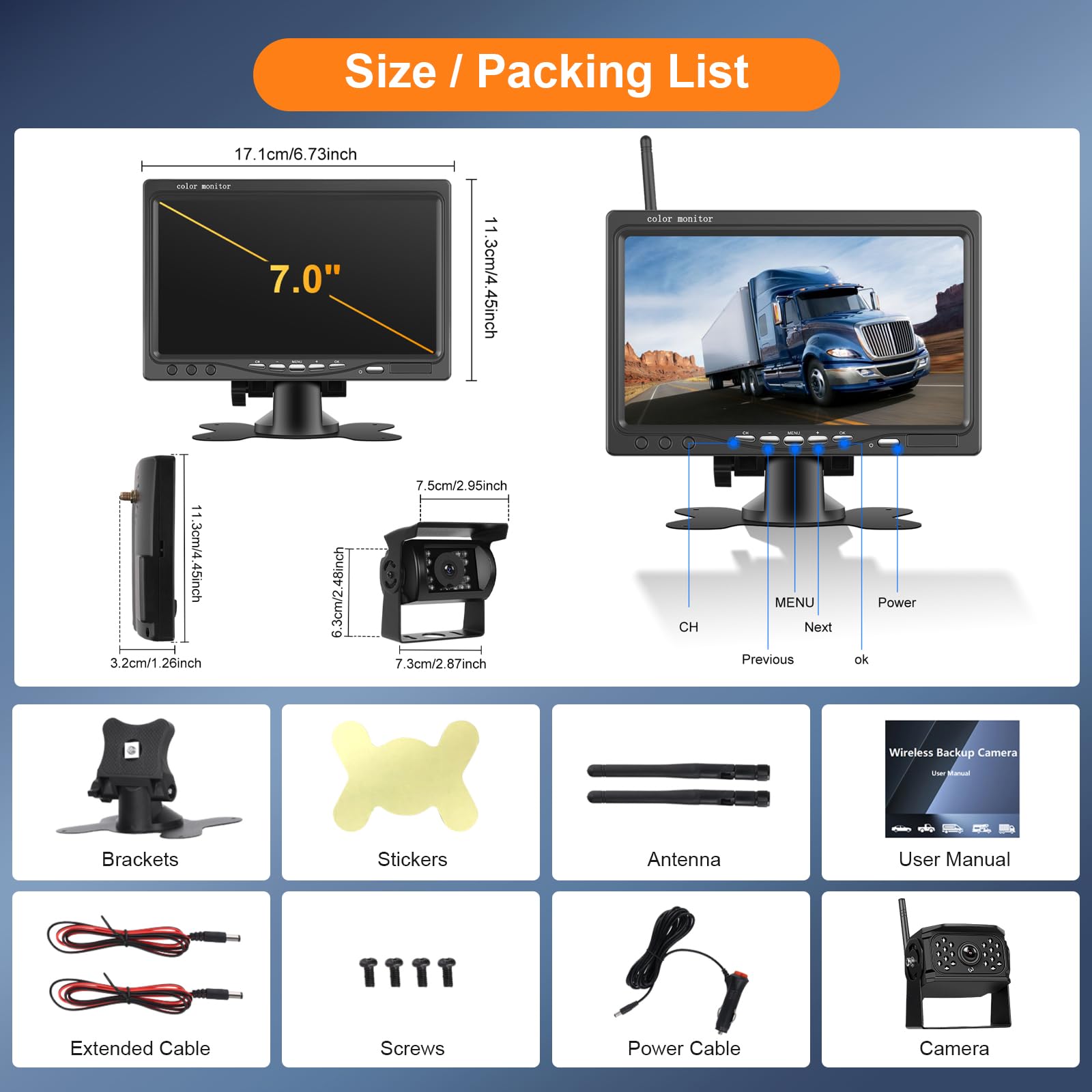 VECHTEL Camara Marcha Atras Inalámbrica 7 Pulgadas IPS HD Monitor Kit, Cámara Trasera mit BSD Impermeabilidad IP68 Visión Nocturna Súper Gran Angular para 12V-36V Camión Camper RV Furgonetas
