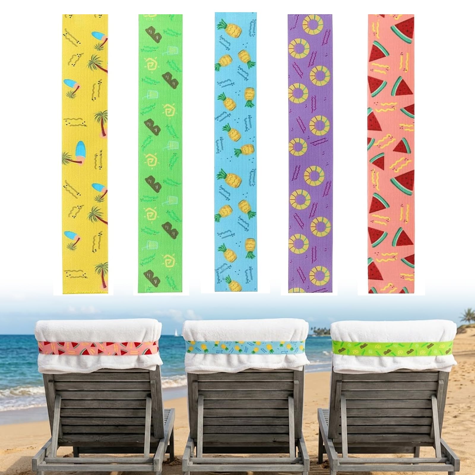 5 Pcs Beach Towel Bands for Sun Loungers, Elastic Towel Craber for Beach Chair, Non-Slip Chair Towel Holders for Pool, Cruise Deck, Travel, Chair Bands (5 Styles,30x5cm)