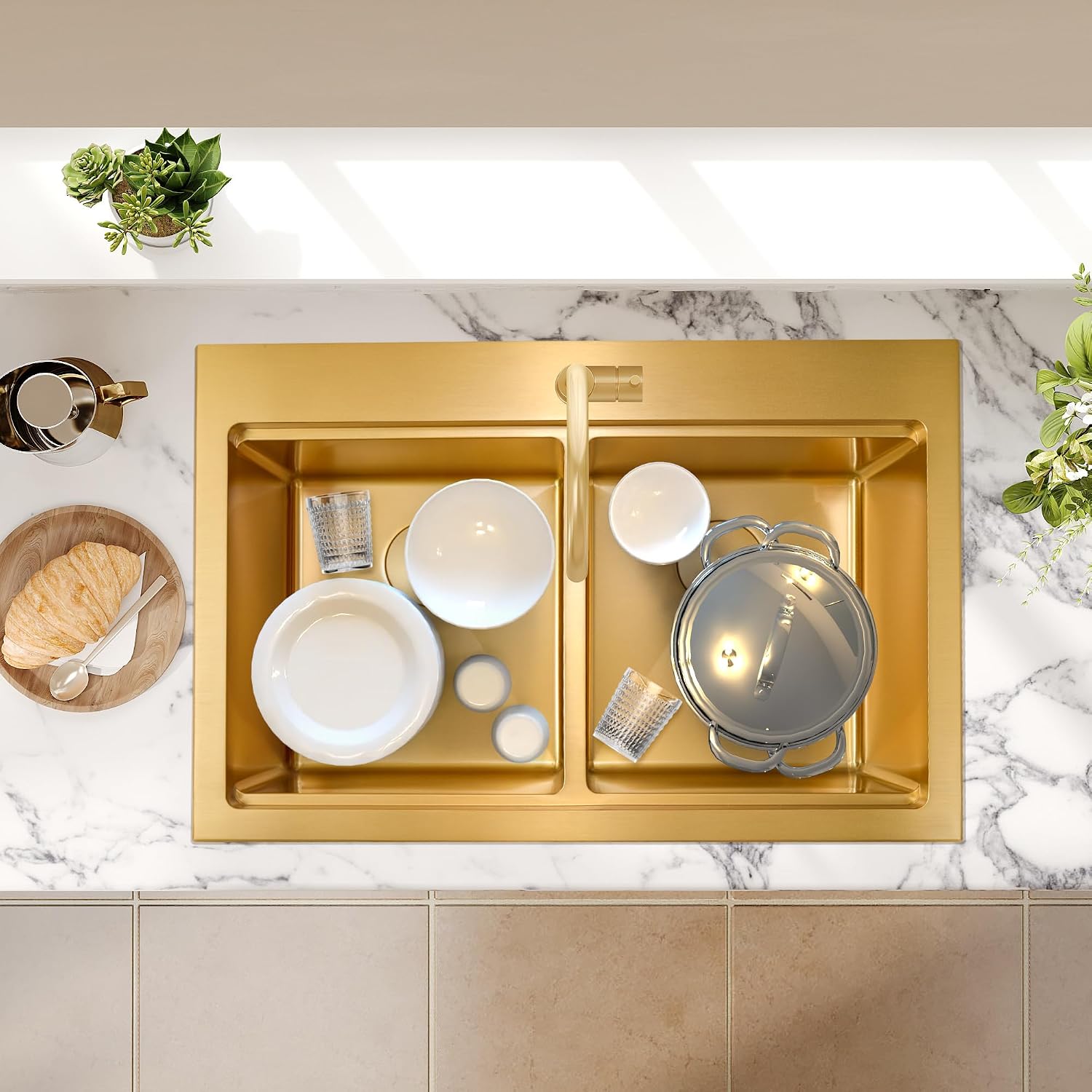 MILOSEN Gold Double Bowl Kitchen Sink, 31''x22''x10'' Gold Workstation Sink 50/50 Topmount Double Basin with Accessories, Drop in 16 Gauge T304 Stainless Steel Sinks,10'' Deep and Large Handmade Sink