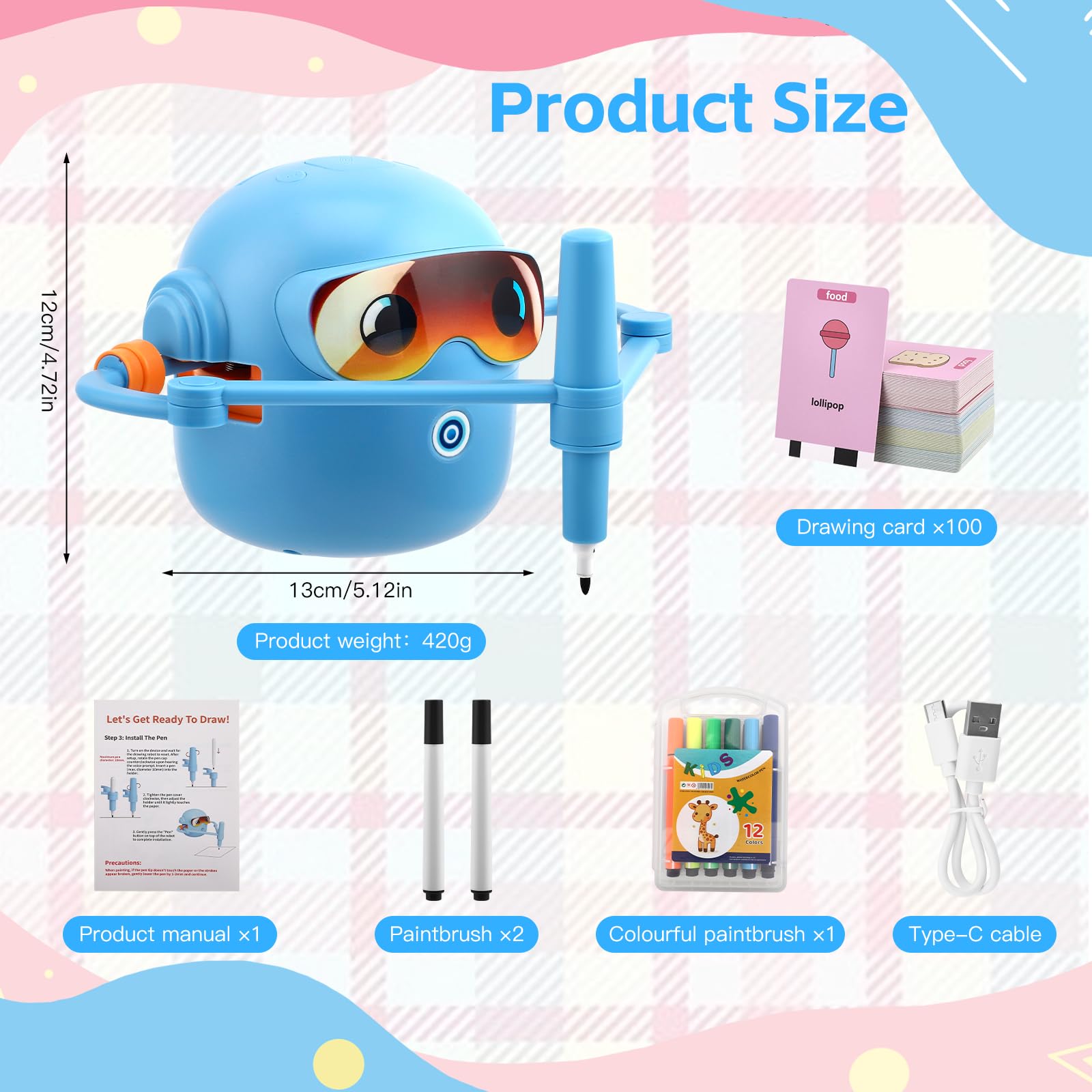 Robot da Disegno per Bambini con Guida Vocale, Giocattolo Educativo Interattivo con 100 Carte e 12 Pennarelli Colorati, Robottino Giocattolo Educativo per Precoce per Bambino Bambina dai 3 Anni(Blu)