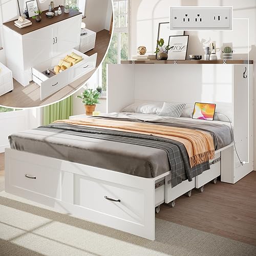 Murphy Bed with Storage & Charging Station, Queen Murphy Cabinet Bed with Large Storage Drawer for Guest Bedroom, Living Room, Office or Small Room, Full Foldable Platform Bed (White, Queen)