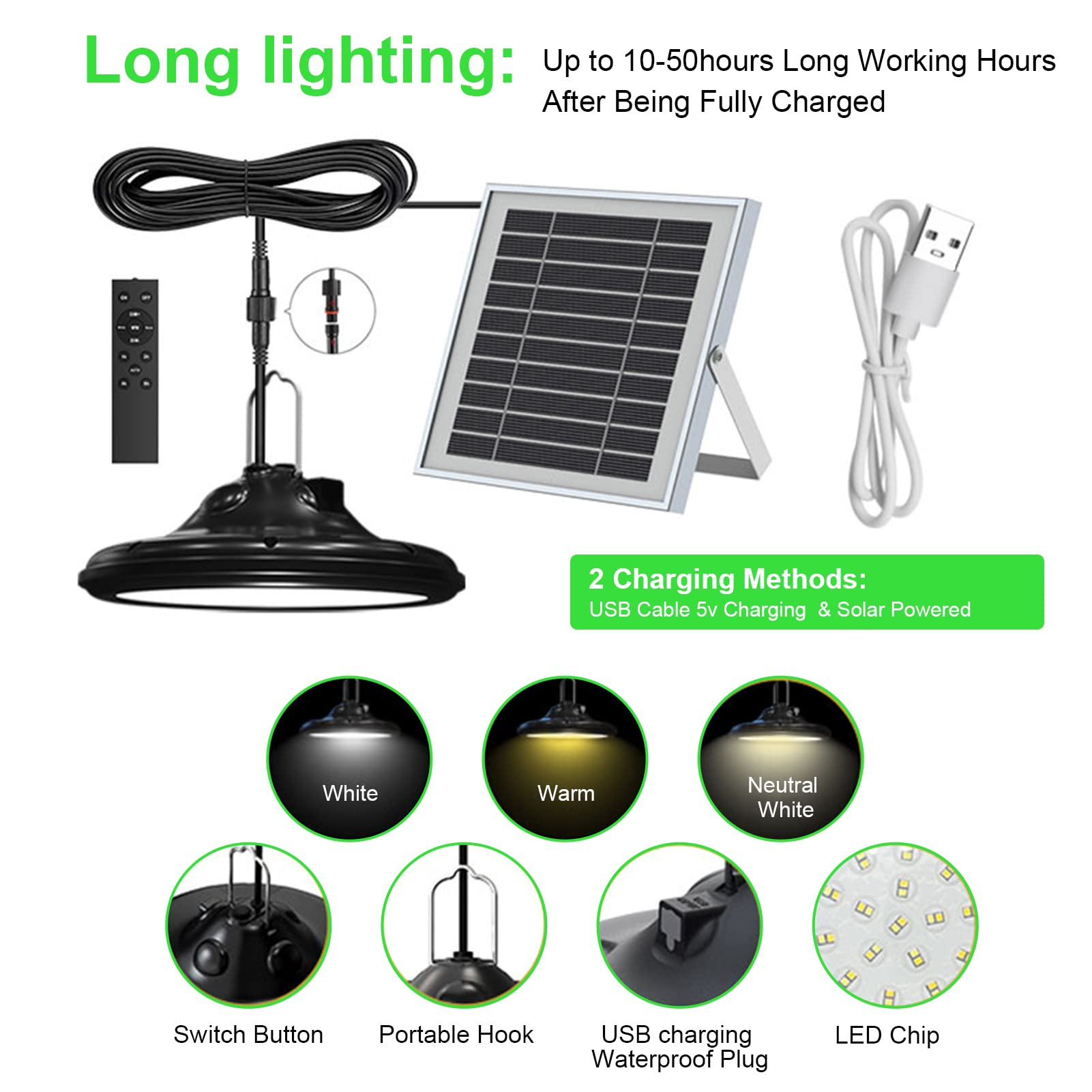 Neoglint Lampe Solaire Exterieur, 100 LED, 3 Modes(3000k-5200k) Suspension Solaire Extérieur avec Détecteur de Mouvement, Télécommande, Lampe Solaire Étanche IP66 pour Jardin, Camping, Cour-Φ17cm
