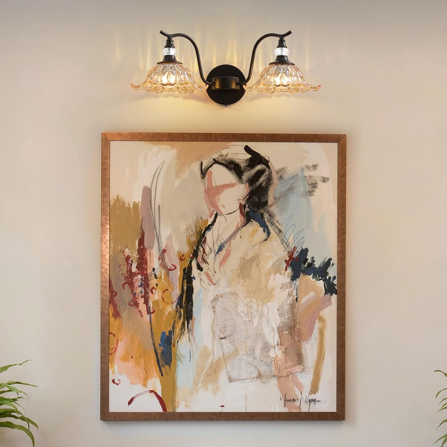 Vintage Bathroom Vanity Light Fixtures - 2 Light Antique Matte Black Bathroom Lights Fixture Over Mirror with Amber Flower Glass,Retro High End Wall-Mounted Vanity Lighting for Bath Powder Room