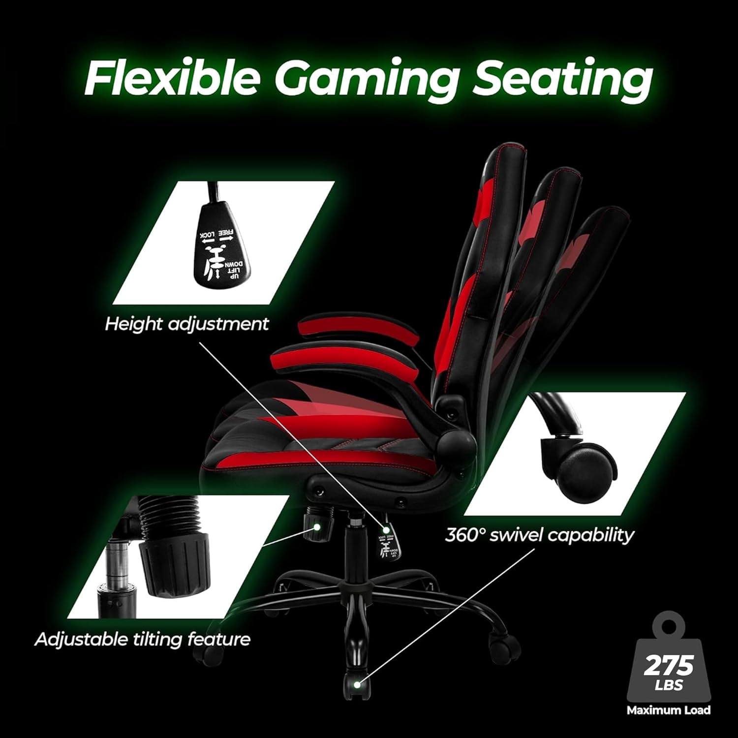 N-GEN GAMING Video Gaming Chair Ergonomic Office Desk Chair with Lumbar Support Adjustable Height Padded Flip Up Arms and Swivel Wheels Racing Style Design for Adults with PU Leather (Red)
