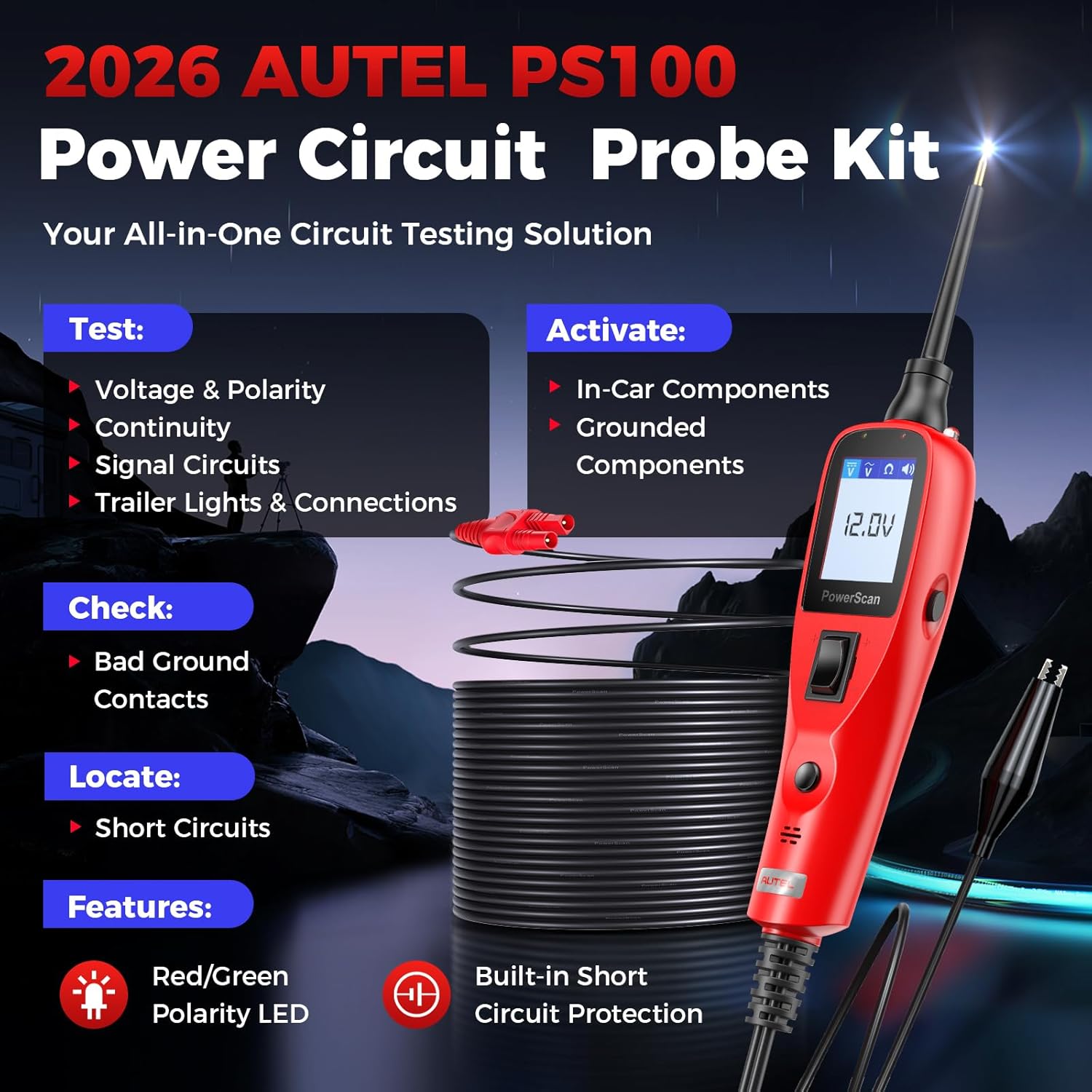 Autel PowerScan Automotive Circuit Tester: 2026 Power Circuit Probe Tool, 12-24V Electrical Short Open Breaker Circuit Finder, AC/DC Current Resistance, Duty Cycle, 20FT Extension Cord for All Cars