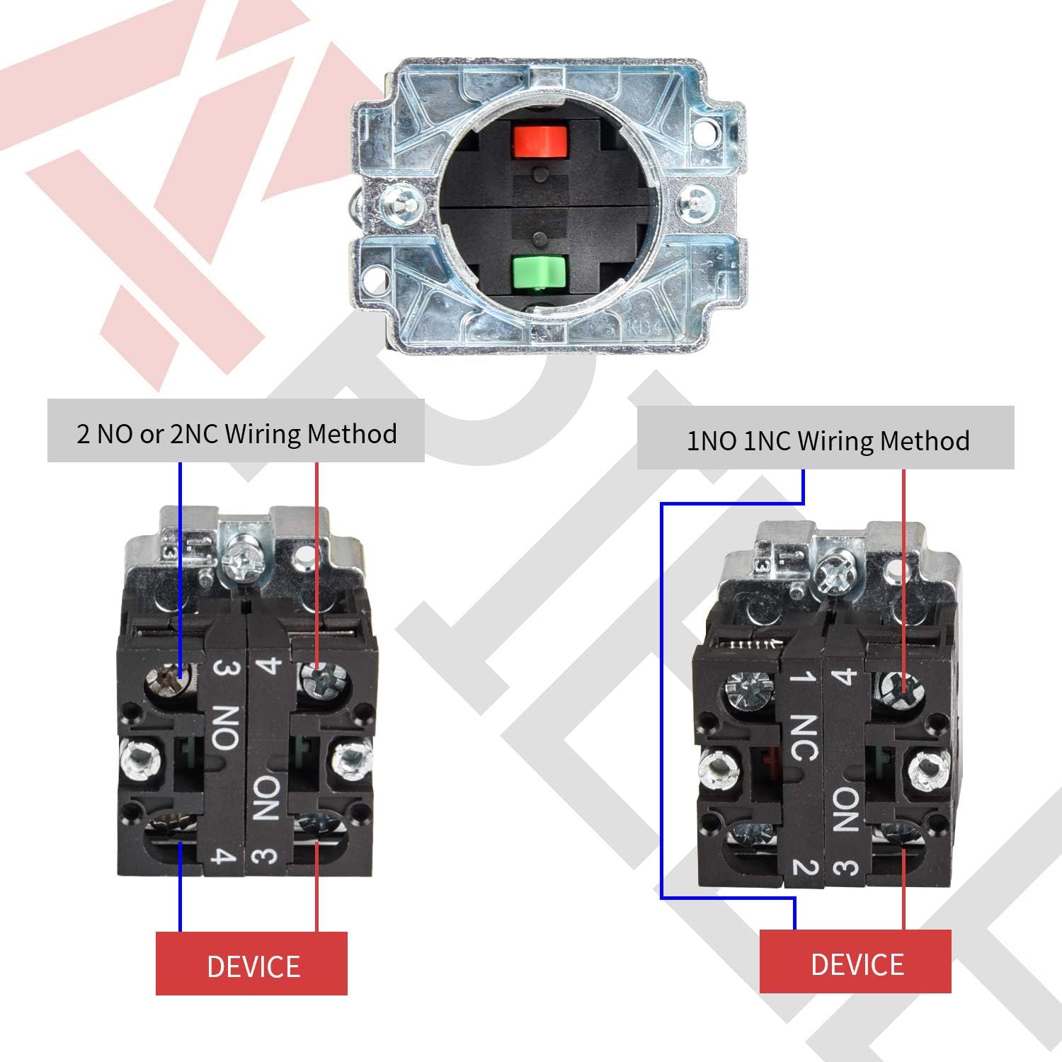 Wiring diagrams for 2 NO or 2 NC and 1 NO 1 NC configurations