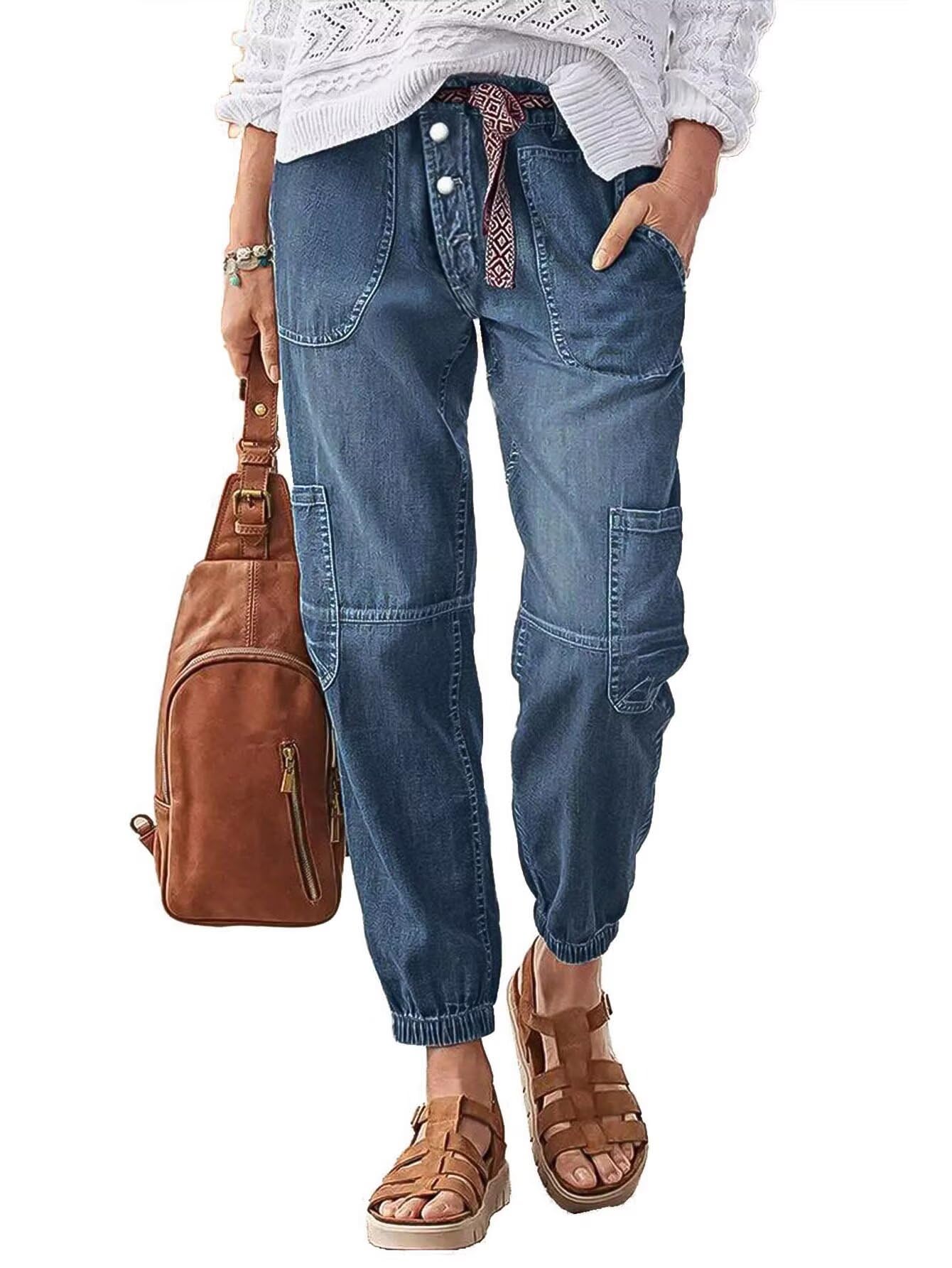 Flamingals Straight Leg Button Fly Jeans for Women Multi Pocket