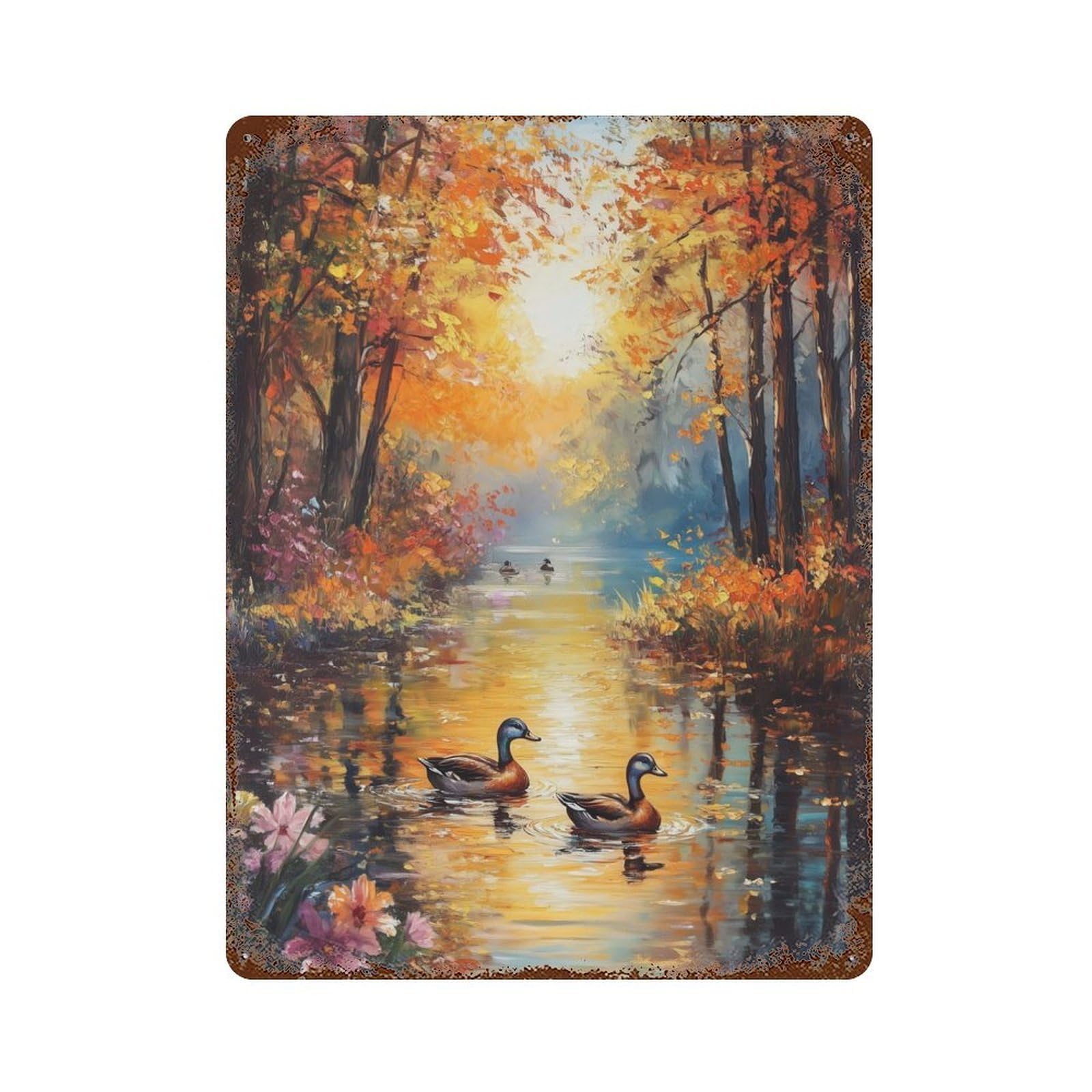Rust Effect Autumn River Ducks Weathered Tin Sign 15.7"x11.8", Novelty Wall Decor for Office, Studio And Wall Decor