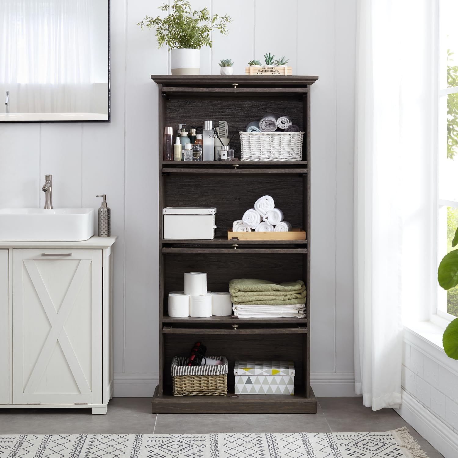 4-Tier Glass Display Cabinet Brown MDF+Glass Flip-Up Doors Living Room Storage Elegant Showcase