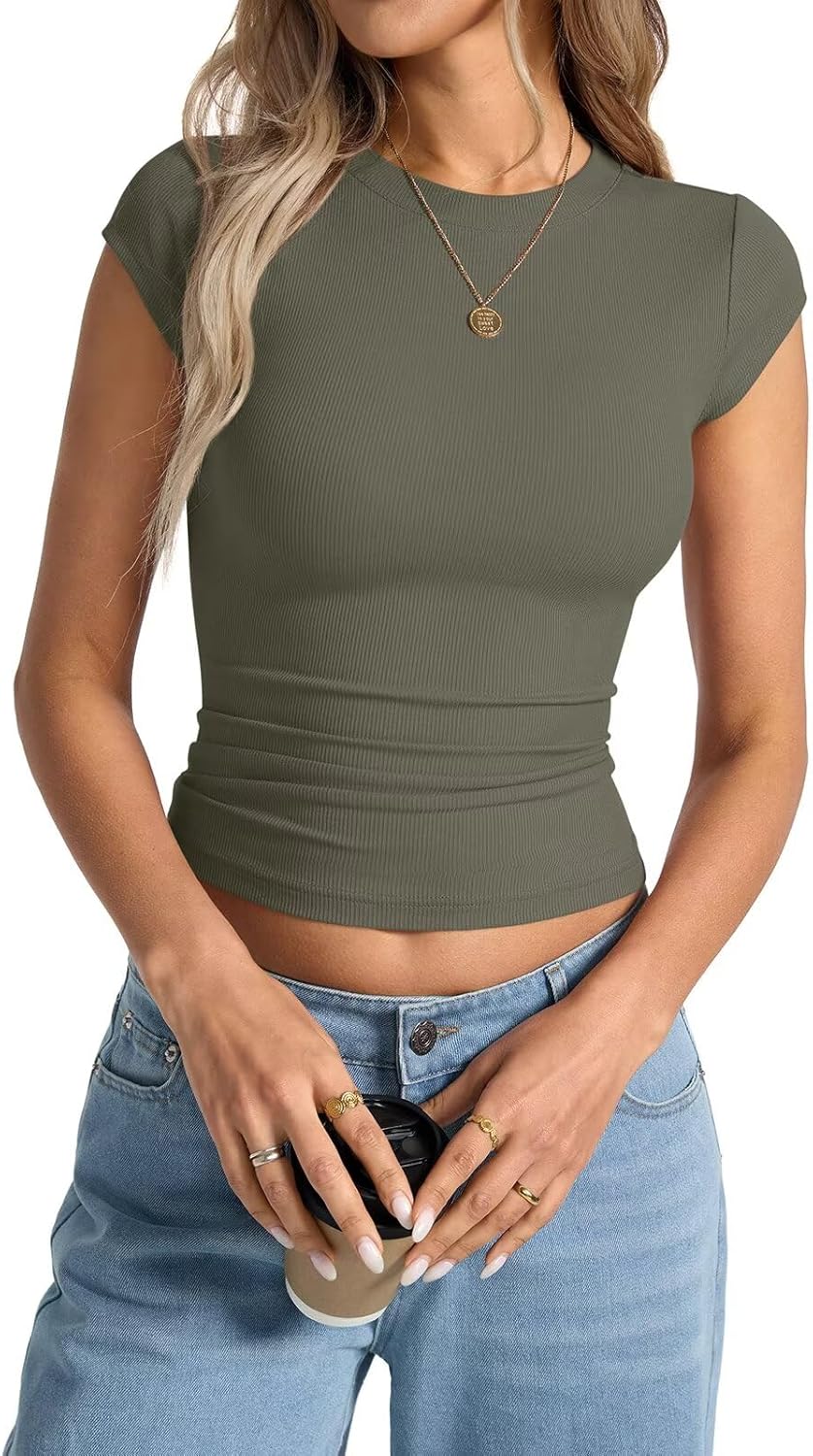 Womens Cap Sleeve Tops Summer Crew Neck Short Sleeve Shirts Slim Fit Basic Ribbed Tops Y2K 2025 Going Out Crop - Image 2